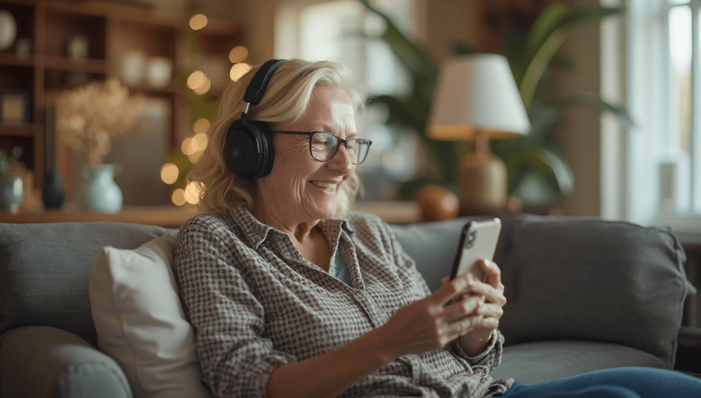A woman is sitting comfortably in a calm living room, listening to an audio described video on her mobile device while smiling