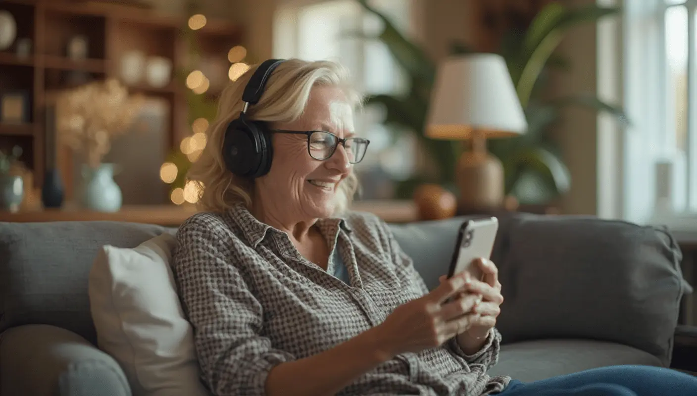 A woman is sitting comfortably in a calm living room, listening to an audio described video on her mobile device while smiling