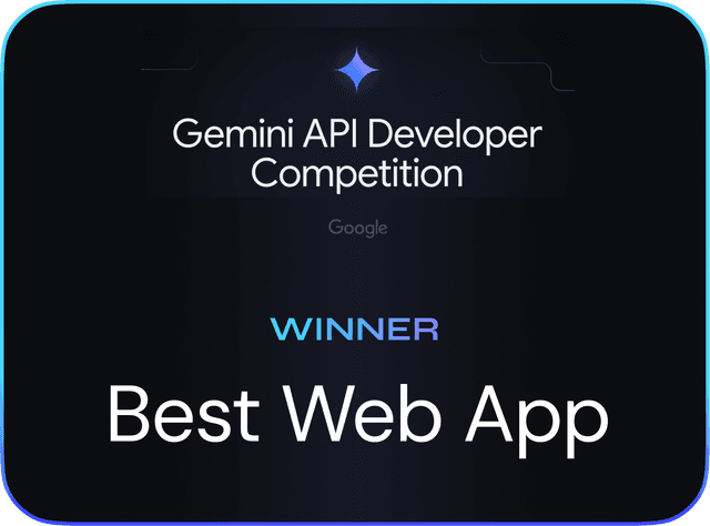 A sleek badge proclaiming ViddyScribe as the winner of Best Web App at the Google Gemini API Developer Competition