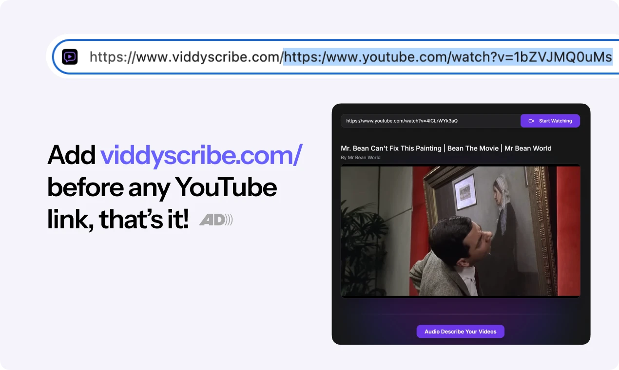 ViddyScribe Realtime Screenshot and text: Add viddyscribe.com/ to the beginning of any YouTube link to get audio descriptions